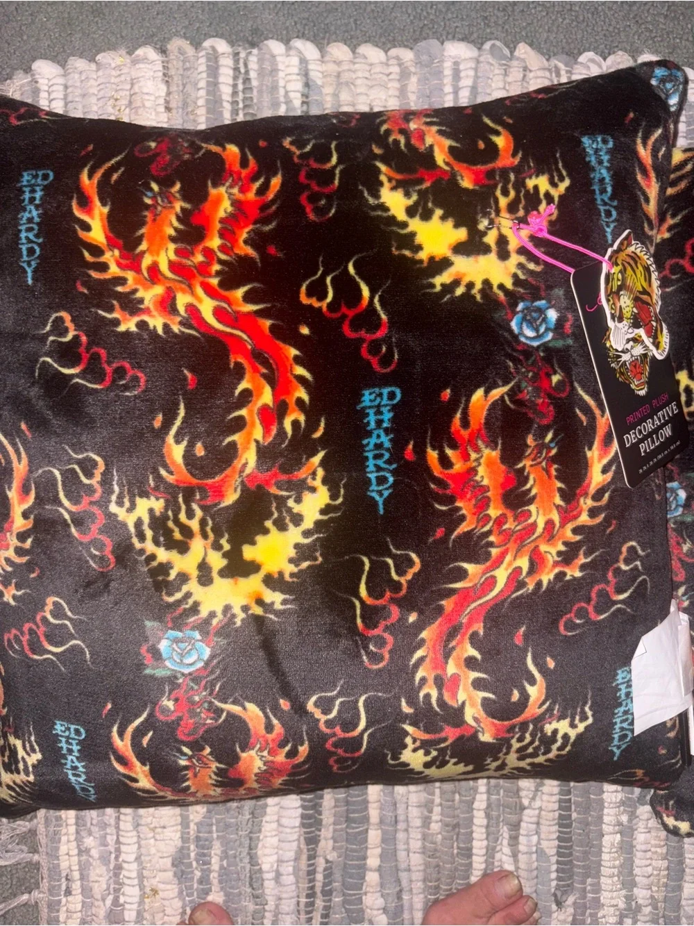 2 Printed Plush Decorative Pillow - Black with Red & Yellow phoenix Flame